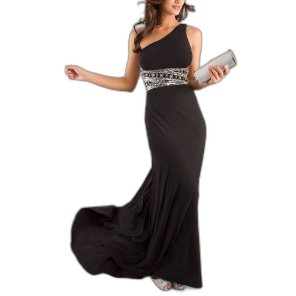 Betsy & Adam Black Silver Beaded Waist One Shoulder Formal Long Gown Size 6